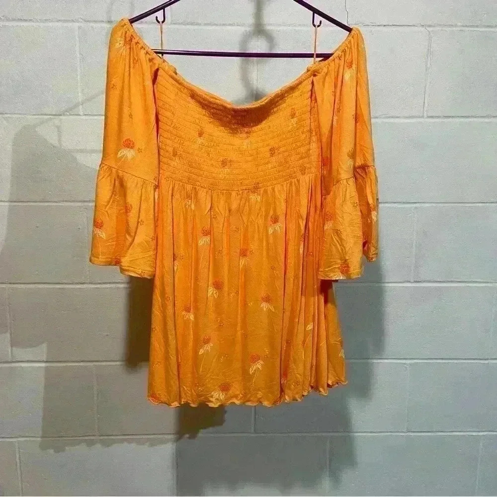 Free People Lana off Shoulder Tunic Orange Boho Peasant Smocked Blouse‎ NWOT